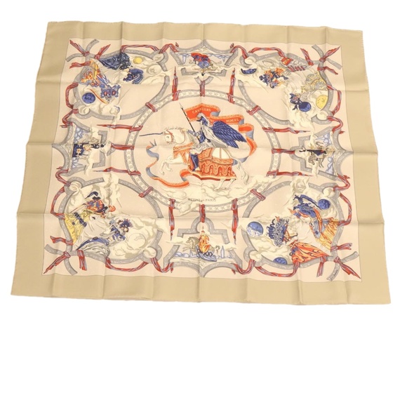 HERMES Carre 90 Scarf CAVALIERS DES NUAGES Scarf Silk 100% Gray Auth am351b - Picture 1 of 12